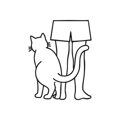 Affectionate Feline Rubbing Human Legs. This line art shows a beloved housecat displaying tenderness towards its companion. This behavior symbolizes bonding, trust, and the deep emotional connection.