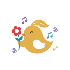 (Happy Bird, Flower, Musical Harmony. A delightful yellow creature presents a red bloom amidst floating melodic symbols. It symbolizes innocence, spring's essence, and cheerful celebration.)