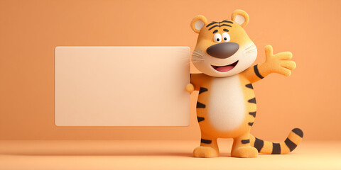 Adorable cartoon tiger character holding blank sign, smiling and waving, set against warm orange background