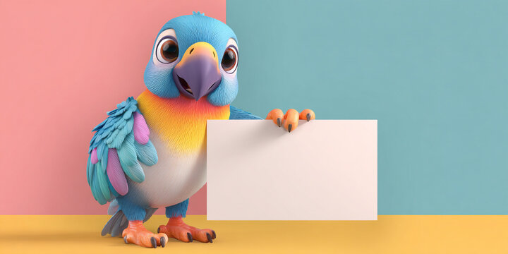 Adorable cartoon parrot holding blank board, colorful feathers, vibrant background, cheerful expression, playful design