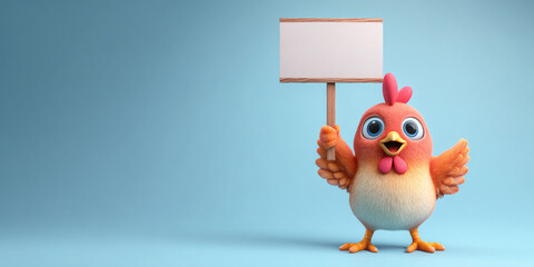 Colorful cute chicken character holding blank sign, cheerful expression, vibrant colors, cartoon style, playful design