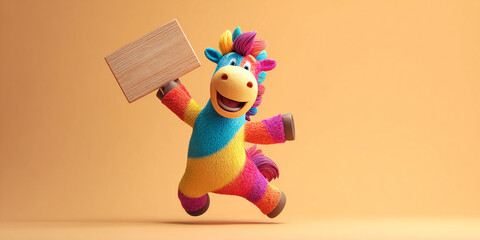 Colorful horse character joyfully lifting empty sign, showcasing vibrant colors and playful expression
