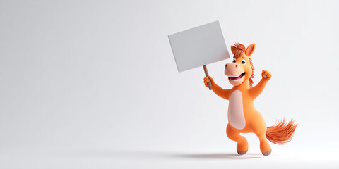 Colorful horse character joyfully lifting empty sign, expressing happiness and excitement