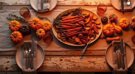 Overhead view of a beautifully set table, showcasing a festive autumnal feast.