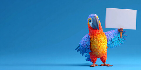 Colorful parrot character holding empty sign, vibrant feathers, cheerful expression, blue background, cartoon style, playful design