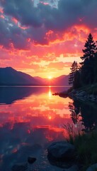 Serene Sunrise over Tranquil Lake Vibrant Colors Reflecting Peaceful Lifestyle
