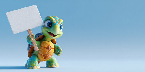 Colorful turtle character holding blank sign, cheerful expression, cartoon style, vibrant colors, playful design, cute figure