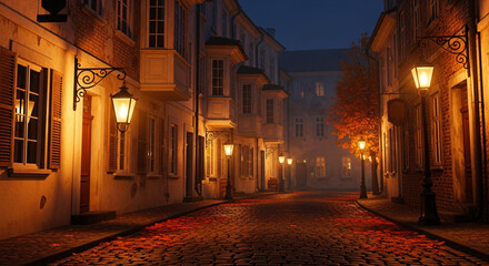 Evening's Embrace on the Cobblestone Lane: A historic town whispers tales of old, illuminated by the warm glow of vintage street lamps, beckoning you to step back in time.