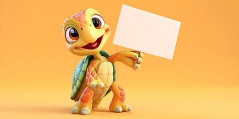Colorful turtle character holding empty sign, cheerful expression, vibrant background, playful design, cartoon style, friendly demeanor
