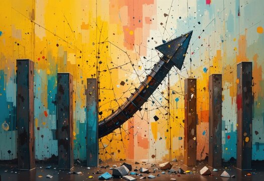 Fondo abstracto con una flecha rompiendo barreras, escena simb&oacute;lica de resiliencia, progreso y un impulso imparable hacia adelante