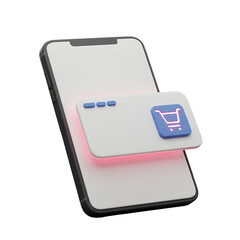 A 3D rendered smartphone displays a credit card with a shopping cart icon. Isolated on a Transparent Background, PNG, Cutout