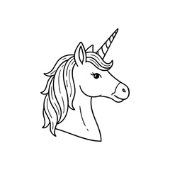 (Mythical Unicorn Head Illustration. A clean black outline drawing of a majestic equine fantasy, symbolizing dreams, wonder, and enchantment. Ideal for creative projects.)