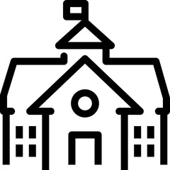 Simple Outline Icon of a School Building With A Flag On Top And A Clock In The Center On A Transparent Background Representing Education And Learning