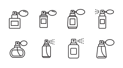 Collection of eight perfume bottle sprayer icons simple outline drawing for beauty and fragrance concepts vector
