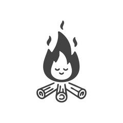 (Peaceful Campfire Graphic. A simple drawing of a bonfire with wood logs and a flame displaying a serene, resting visage. It conveys coziness and warmth, ideal for natural relaxing themes.)