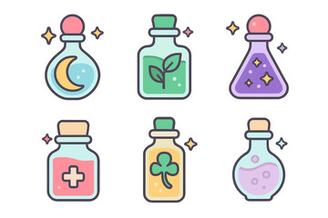 Colorful magical potion bottles collection with various symbols and corks