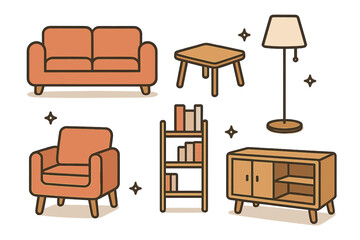 Collection of modern interior design elements including comfortable seating and storage units