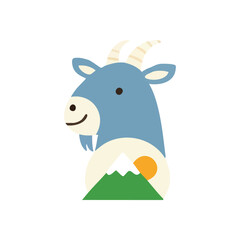 (Cute Blue Goat Mountain Sun Illustration. This charming animal artwork showcases a serene peak and radiant orb. Its joyful expression evokes wilderness tranquility and spirited exploration.)
