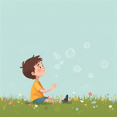 A cheerful young boy enjoys a sunny day playing with bubbles in a grassy field filled with wildflowers