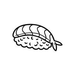 (Ebi Nigiri Sushi Cartoon Drawing. A delightful charming linear rendition of traditional Japanese shrimp nigiri, perfect for menus, food blogs, or playful designs.)