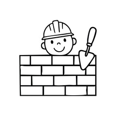 (Happy Builder with Brick Wall Icon. Charming illustration of a cheerful constructor wearing a hard hat, behind a sturdy masonry structure. A trowel is nearby, symbolizing dedication and progress.)