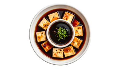 Top view of tofu dish with soy sauce a home kitchen delight isolated on transparent background