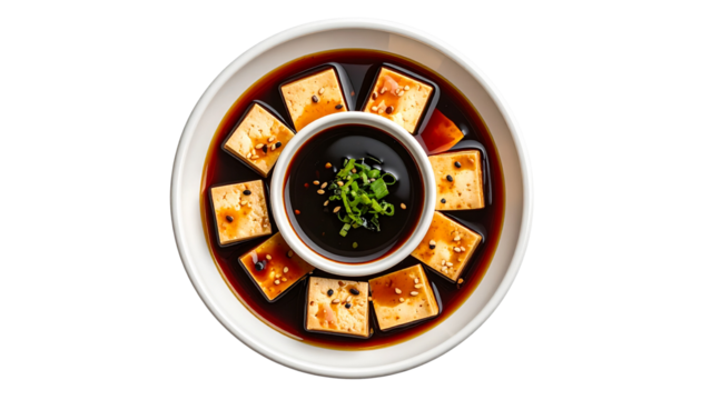 Top view of tofu dish with soy sauce a home kitchen delight isolated on transparent background