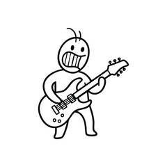 (Enthusiastic Guitar Player Cartoon. A spirited doodle portrays a performer expressing intense joy while strumming an electric instrument. It embodies excitement, passion, and creative energy.)