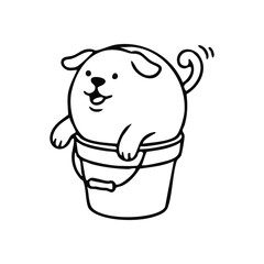 (Cute Puppy in a Bucket Cartoon. Adorable canine happily rests within a pail. This sweet illustration conveys joy and childlike delight.)