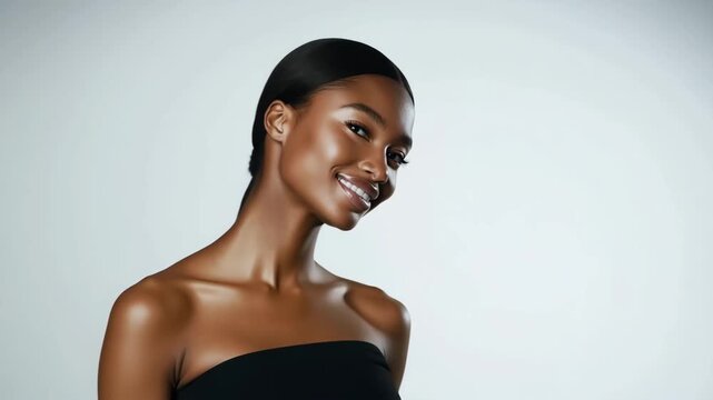 Slow motion video of afro american beauty model with beautiful smile posing on light background.Macro.AI Generative.