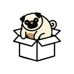 (Charming Pug Puppy in a Box. A delightful fawn canine sits cozy inside a parcel. This engaging artwork evokes feelings of unexpected happiness, playful discovery, and ultimate comfort.)