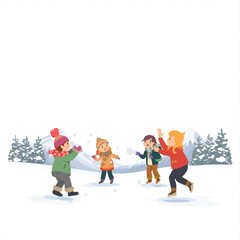 Fototapeta premium Children gleefully throwing snowballs in a winter wonderland surrounded by snow-covered trees and majestic mountains under a clear sky, capturing the joy of outdoor winter activities