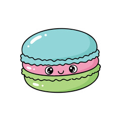 (Cute Smiling Cartoon Macaron. An adorable vibrant sweet pastry with a cheerful face. This charming confectionery brings joy and represents innocent delight.)