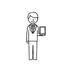 (Smiling Executive with Tablet. A cheerful corporate figure displays a compact electronic gadget. This represents seamless communication, technological advancement, and easy information access.)