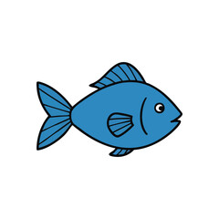 (Simple Blue Cartoon Fish Illustration. Adorable hand-drawn marine animal with vibrant azure scales, ideal for kid-friendly designs or environmental themes. Symbolizes tranquility.)