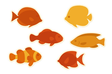 Naklejka premium Set of six colorful tropical reef fish stickers in various shapes and warm colors