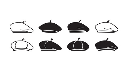 Set of eight hand drawn beret hats in outline and silhouette styles french fashion accessory vector