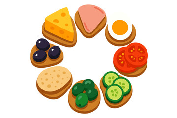 Assortment of open sandwiches arranged in a circle with various toppings cheese ham egg vegetables