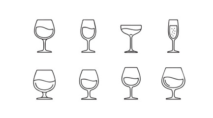 Collection of eight hand drawn wine and cocktail glass outlines with liquid contents vector