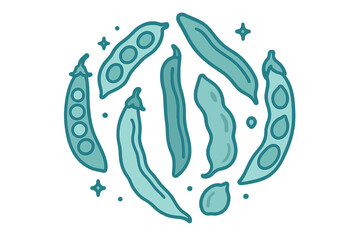 Fresh green pea pods and bean legumes arranged in a circular pattern on white background