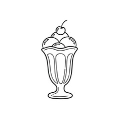 (Ice Cream Sundae Dessert Icon. A delightful outline illustration of a creamy confection in a tall glass, crowned with a ripe fruit. Represents sweet indulgence and simple pleasures.)