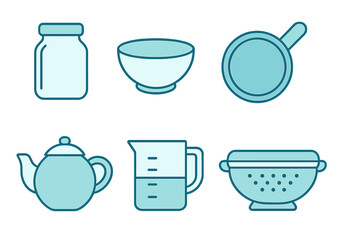 Essential kitchen utensils and cooking equipment set in a modern flat line design