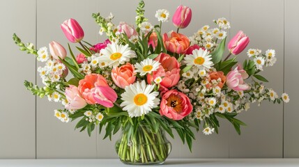 A cheerful spring bouquet with a mix of tulips, daisies, and peonies in soft, vibrant colors.