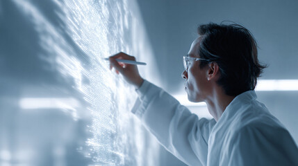 Focused scientist in lab coat working with futuristic interface. Concept innovation, technology, research, development. Perfect for science, medical, tech visuals.