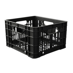 A black plastic crate with an open design, featuring handles and a grid-like structure, Isolated on a Transparent Background, PNG, Cutout