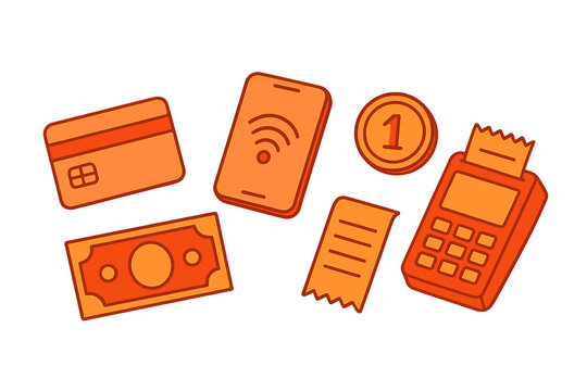 Modern and traditional payment methods collection: credit card, smartphone, cash, coin, receipt, POS terminal