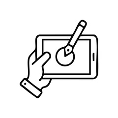 (Hand Using Tablet Stylus Icon. A person operates a portable smart device with a digital pen, illustrating artistic expression, technological interaction, and creative innovation.)