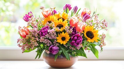 Obraz premium A cheerful vase filled with bright spring flowers like sunflowers and tulips, adding color to a room.