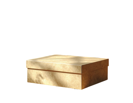 A brown cardboard box with lid sits isolated against a stark black background, illuminated by soft sunlight