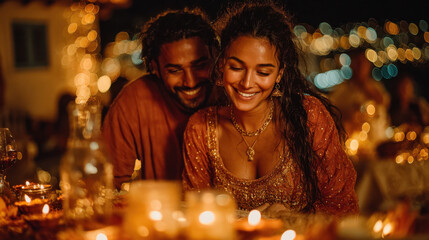 Diwali Balcony Glow: Indian Couple with Saffron Fairy Lights and Diyas